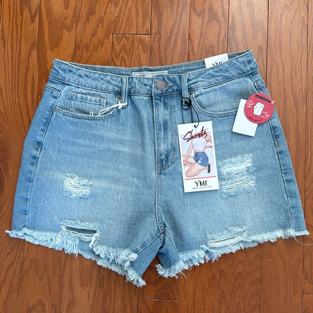 YMI Morning Sky High Rise Ripped Denim‎ Jean Shorts 13 NWT